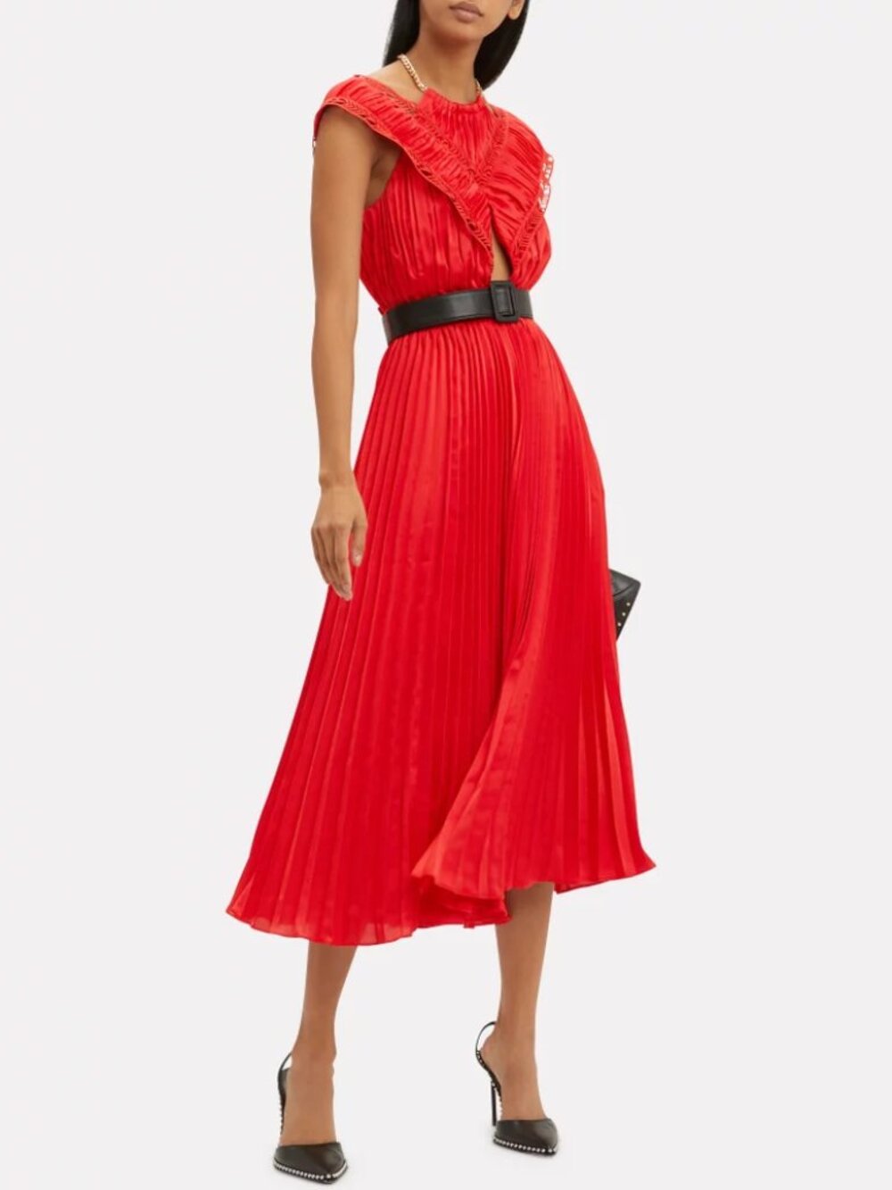 Self-Portrait Off Shoulder Pleated Red Midi Dress